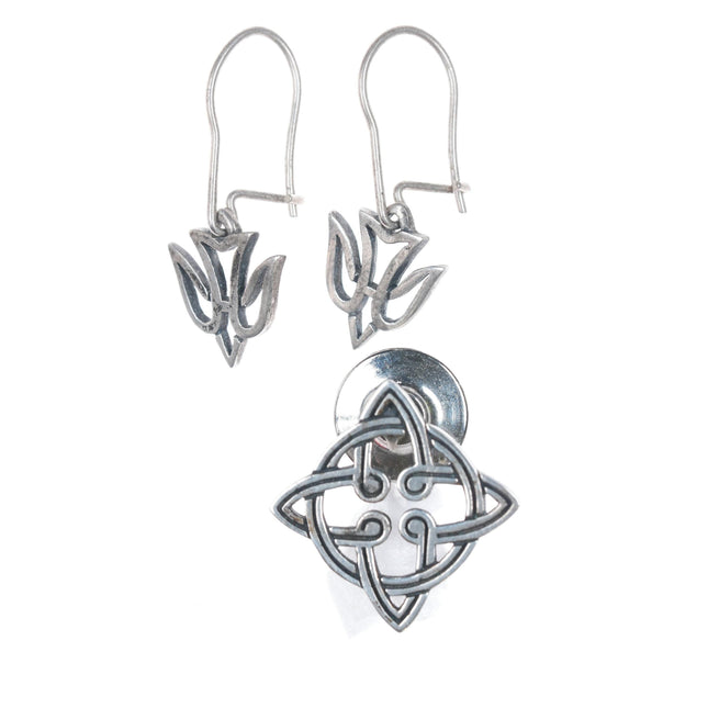 James Avery Descending Dove earrings and Celtic knot lapel pin/tie tac in sterling