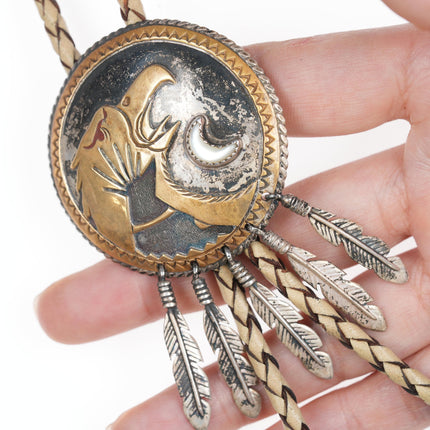 Vintage Sterling and Brass Native American bolo tie with mother of pearl