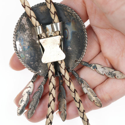 Vintage Sterling and Brass Native American bolo tie with mother of pearl