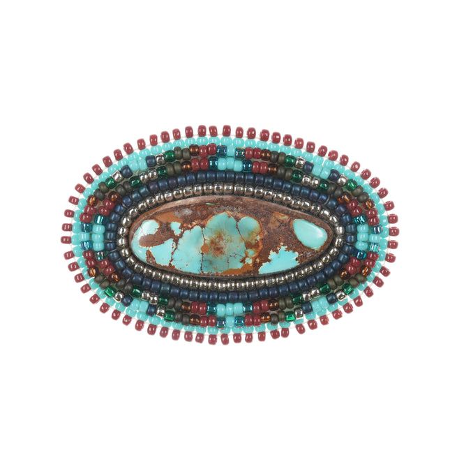 Native American high grade turquoise, leather and beaded pin