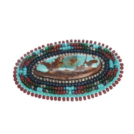 Native American high grade turquoise, leather and beaded pin