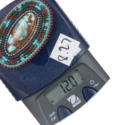 Native American high grade turquoise, leather and beaded pin