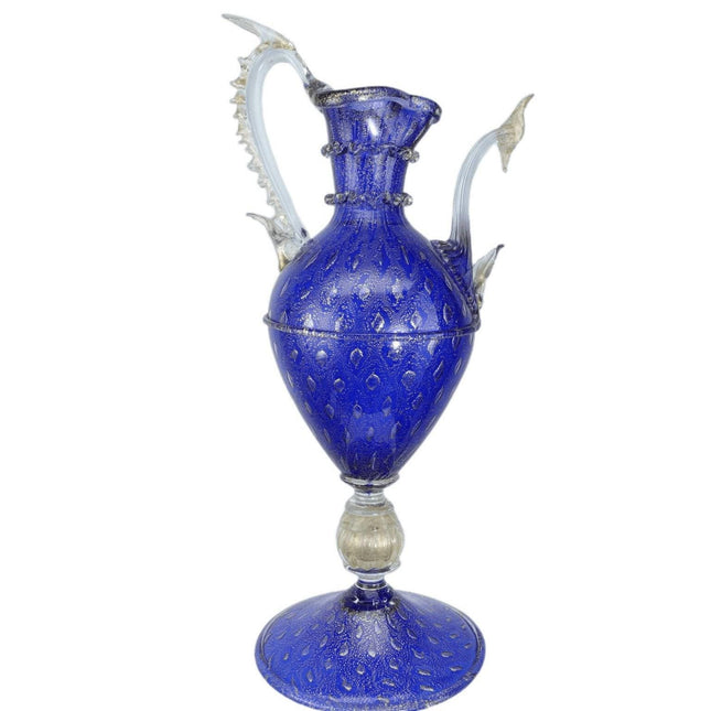 Vintage Venetian cobalt blue gold and controlled bubbles ewer form sculptural va