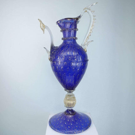 Vintage Venetian cobalt blue gold and controlled bubbles ewer form sculptural va