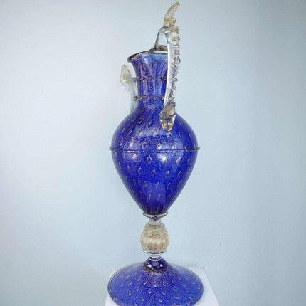 Vintage Venetian cobalt blue gold and controlled bubbles ewer form sculptural va