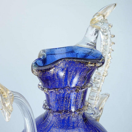 Vintage Venetian cobalt blue gold and controlled bubbles ewer form sculptural va