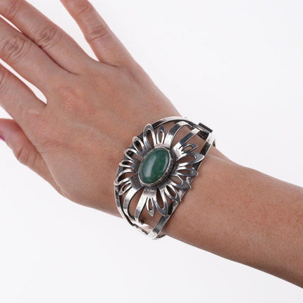 7" Vintage Mexican Modernist Sterling and Jade bracelet