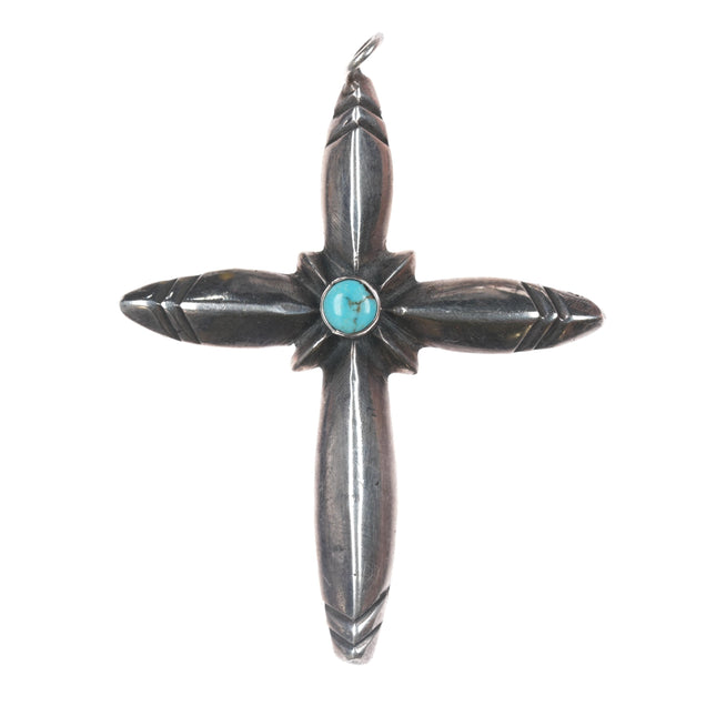 Vintage Native American cast silver cross pendant with turquoise