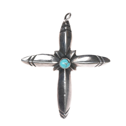 Vintage Native American cast silver cross pendant with turquoise