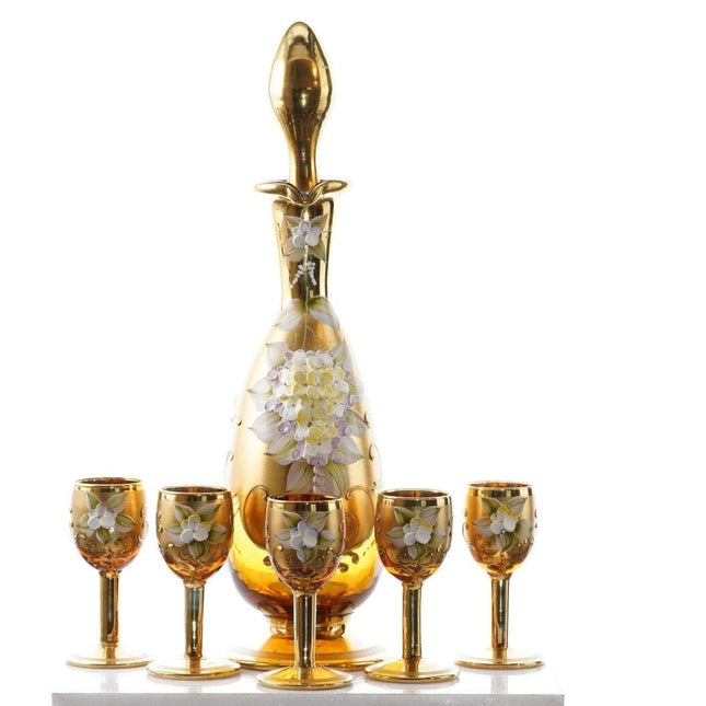 1960's Sergio Zane Murano Hand Painted Raised gold art glass Cordial set