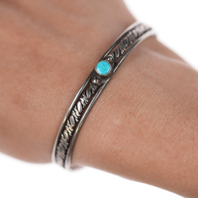 6 3/8" Vintage Native American twisted silver wire slim cuff bracelet with turquoise