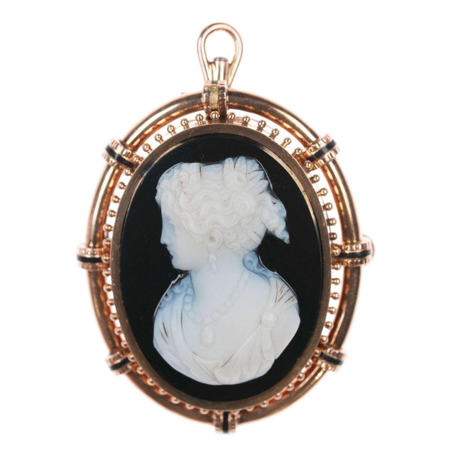 Großer antiker 14-Karat-Hartstein-Cameo-Onyx-Anhänger/Brosche