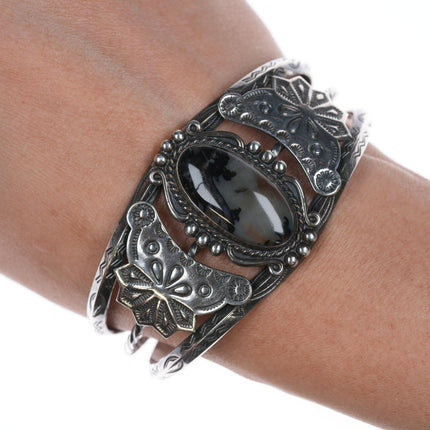 6 5/8" 40's-50's Navajo silver & agate cuff bracelet