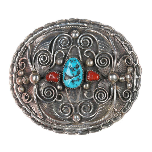 Vintage Apachito Navajo silver turquoise and coral belt buckle