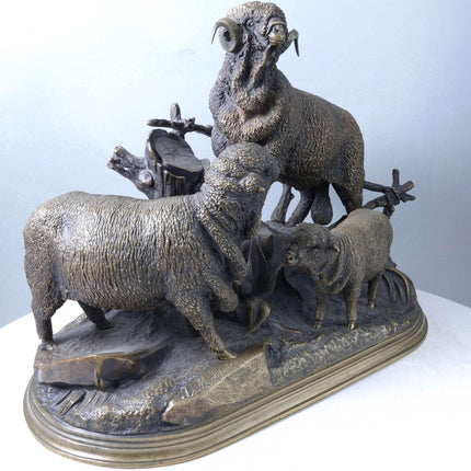 Jules Moigniez (1835-1894) Bronze Merino Ram and Sheep Sculpture