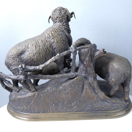 Jules Moigniez (1835-1894) Bronze Merino Ram and Sheep Sculpture