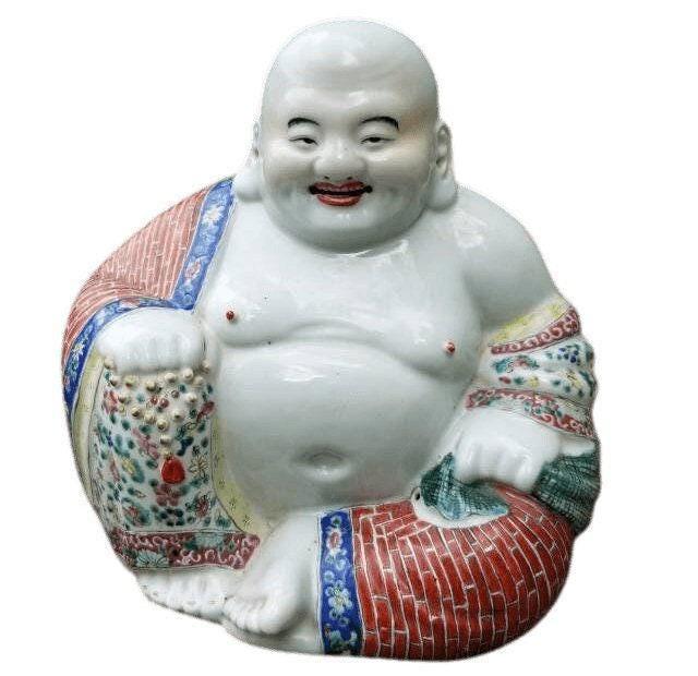 Antique Chinese Famille Rose Porcelain Happy Buddha Statue 10.5" tall x 11.25" w