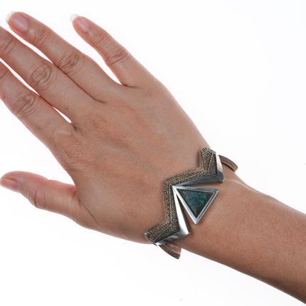 6.25" Ric Charlie Navajo sterling tufa cast cuff bracelet with spiderweb turquoise