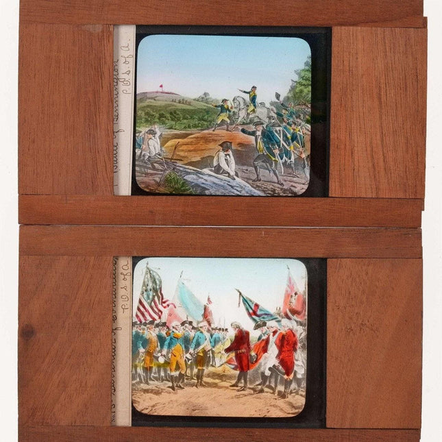 c1890 Holzglas Magic Lantern Dias Kapitulation von Cornwallis und Schlacht von Bennington