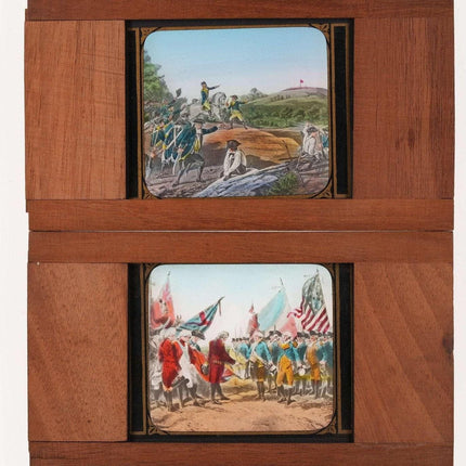 c1890 Holzglas Magic Lantern Dias Kapitulation von Cornwallis und Schlacht von Bennington