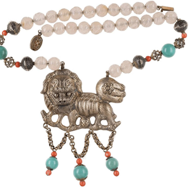 Antique Chinese foo lion silver repousse necklace with carved  rose Quartz, turq