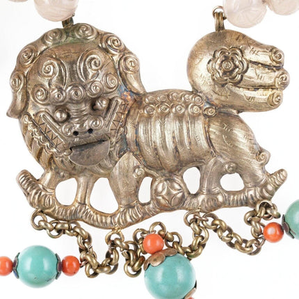 Antique Chinese foo lion silver repousse necklace with carved  rose Quartz, turq