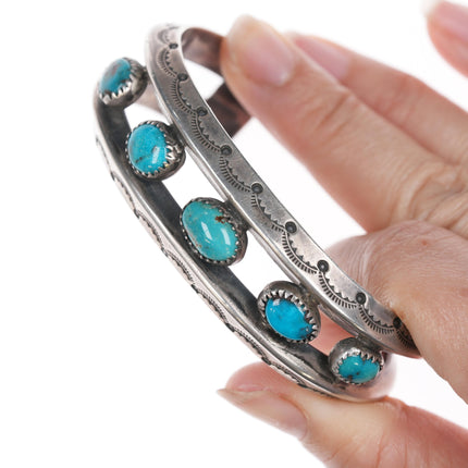 6.75" c1950's Bisbee Turquoise Navajo stamped silver row cuff bracelet