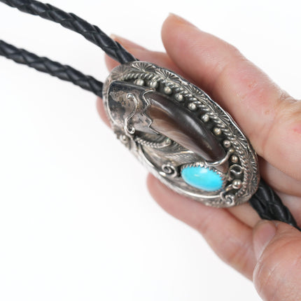 Vinatage Navajo silver and turquoise faux claw bolo tie