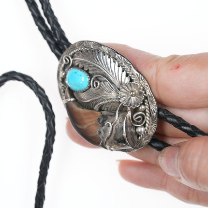 Vinatage Navajo silver and turquoise faux claw bolo tie