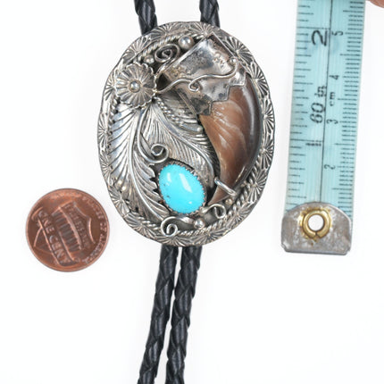 Vinatage Navajo silver and turquoise faux claw bolo tie