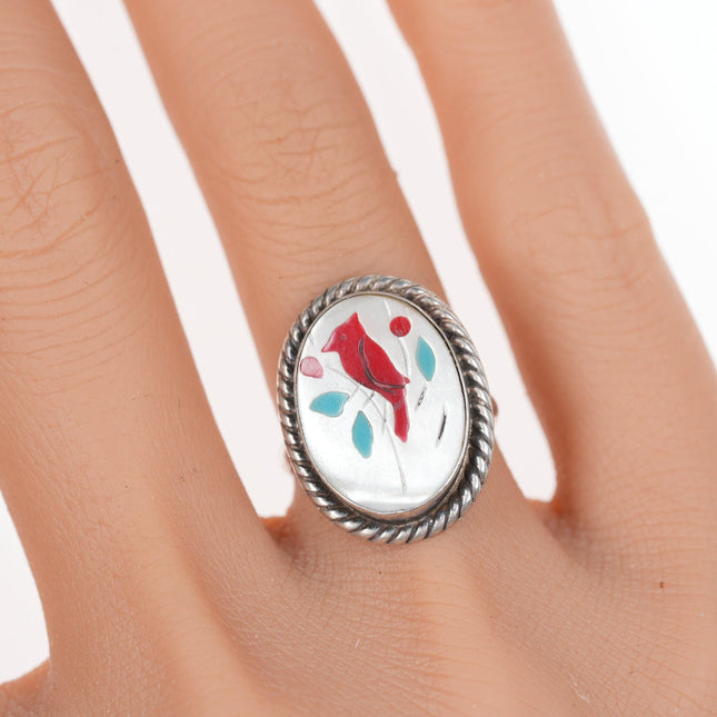 sz5 Vintage Zuni sterling redbird inlay ring