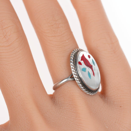 sz5 Vintage Zuni sterling redbird inlay ring