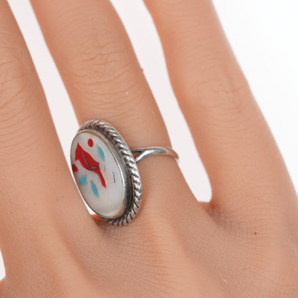 sz5 Vintage Zuni sterling redbird inlay ring