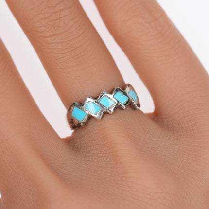 sz5 Vintage Zuni silver turquosie channel inlay zig zag ring