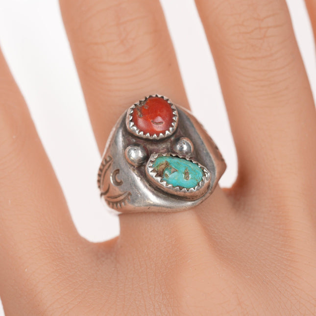 sz9.75 Vintage Native American silver, turquoise, and coral ring