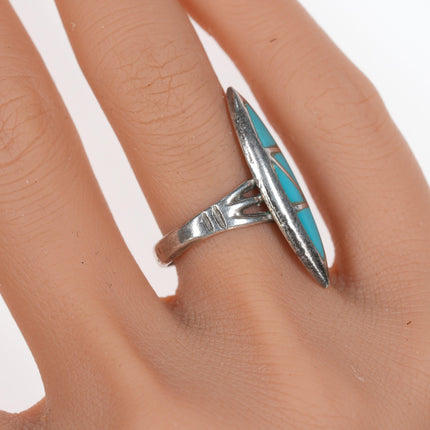 sz8 vintage Zuni silver turquoise channel inlay pointy ring