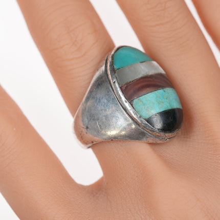 sz12 Vintage Native American silver multi-stone inlaid ring