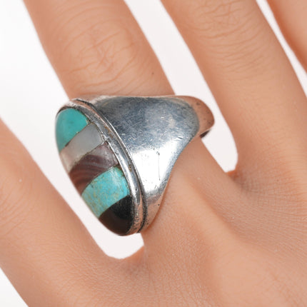 sz12 Vintage Native American silver multi-stone inlaid ring