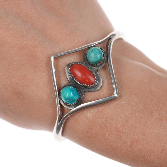 6" Vintage Native American silver diamond shaped cuff bracelet with turquoise and coral