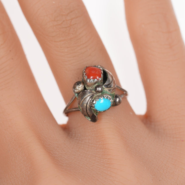 sz7 vintage zuni silver, turquoise, and coral petite ring