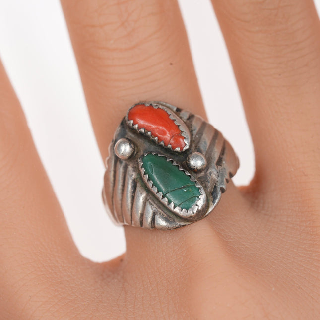 sz10 HHL Native American silver, turquoise and coral ring