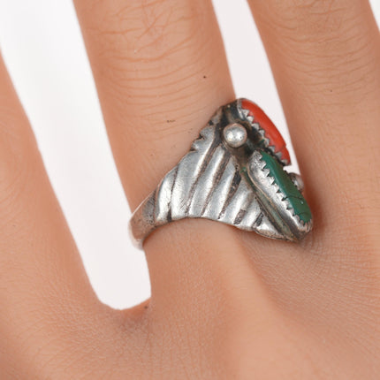 sz10 HHL Native American silver, turquoise and coral ring