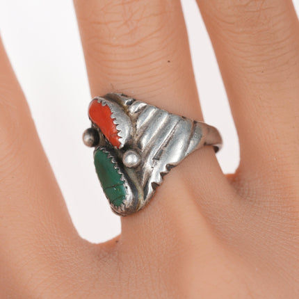 sz10 HHL Native American silver, turquoise and coral ring