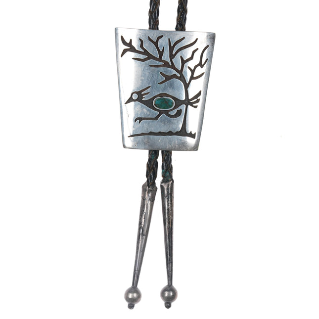 c1960 c-31 Navajo overlay roadrunner sterling bolo tie with turquoise