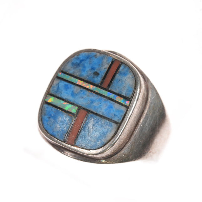 sz11.75 AT Native American sterling coral, denim lapis, opal ring