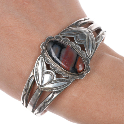 6.75" 1940's Native American silver petrified wood cuff bracelet