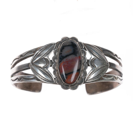 6.75" 1940's Native American silver petrified wood cuff bracelet