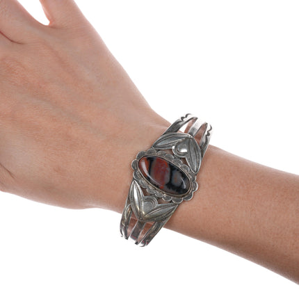 6.75" 1940's Native American silver petrified wood cuff bracelet