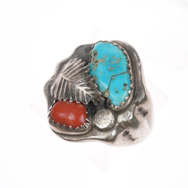 sz10 Vintage Zuni silver, turquoise, and coral men's ring