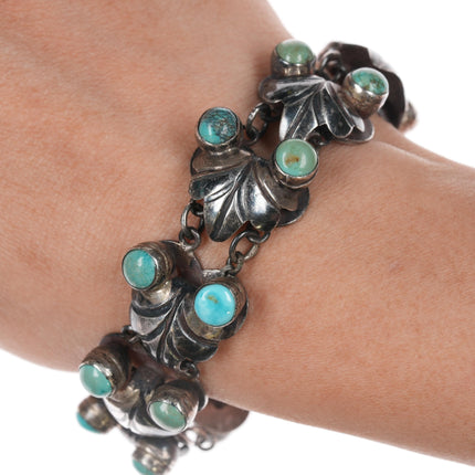 c1940's Mexican Art Deco Sterling and turquoise large bracelet